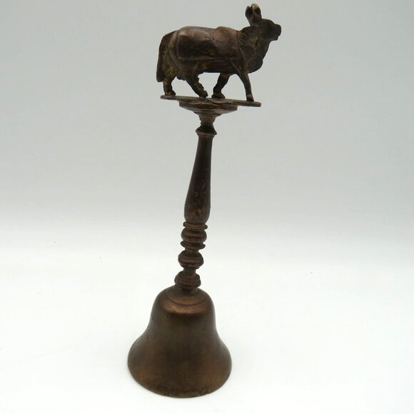 Vintage Indian 7" Cast Metal Brass Temple Bell Braham Bull Finial Ornate Handle - Picture 3 of 10